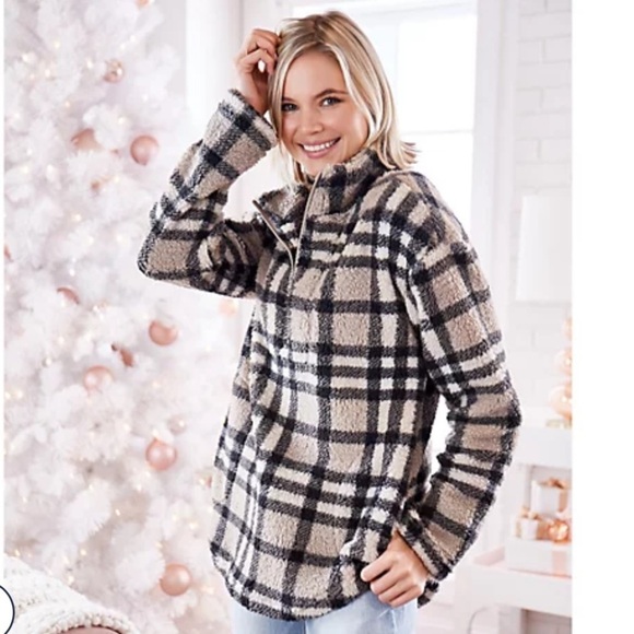 Koolaburra by Ugg Sherpa Fleece Beige Brown Plaid Pullover Quarter Zip Size S - Picture 1 of 15